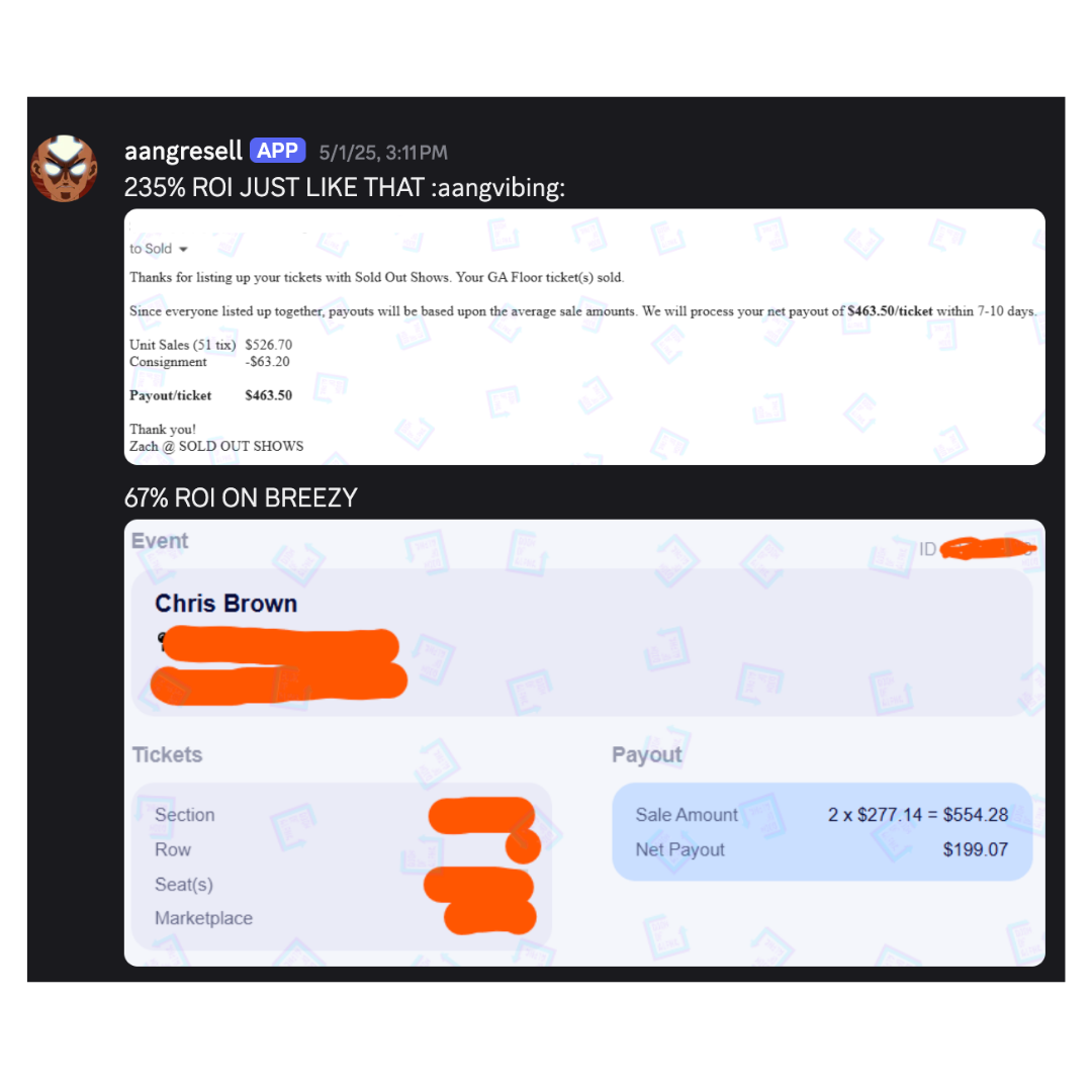 Aangresell showing 235% ROI on GA Floor tickets and 67% ROI on Chris Brown with detailed payouts