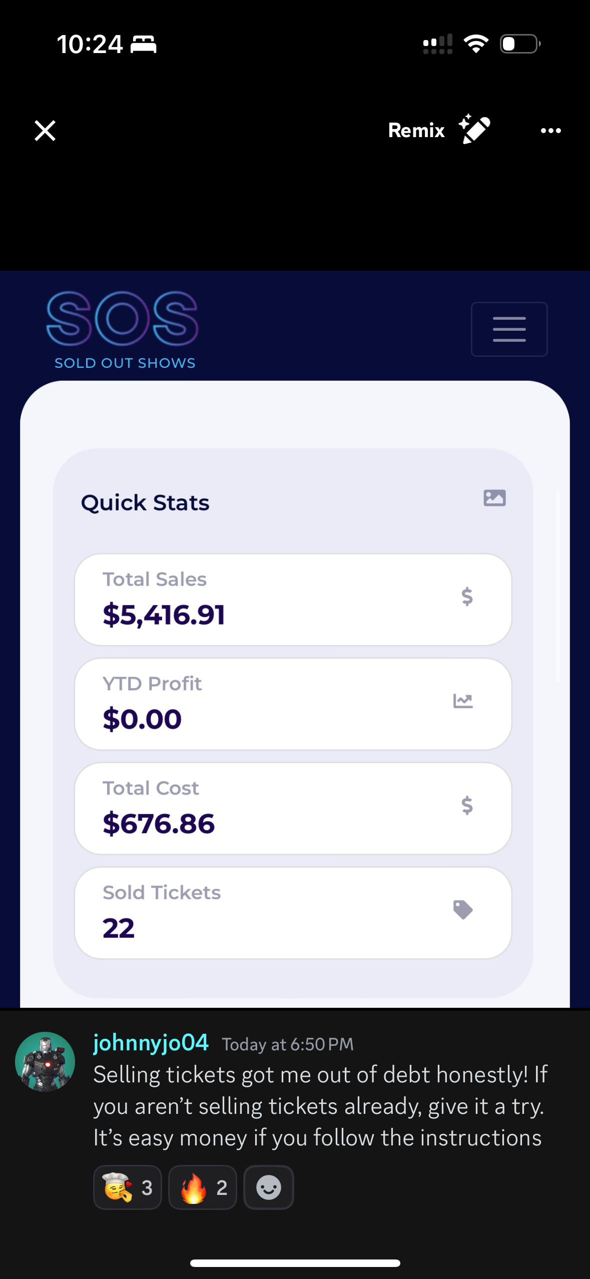 Member dashboard showing debt freedom through ticket sales